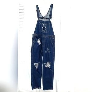 American Apparel Tomgirls 100% Cotton Distress Denim Blue Jeans Overalls Size L